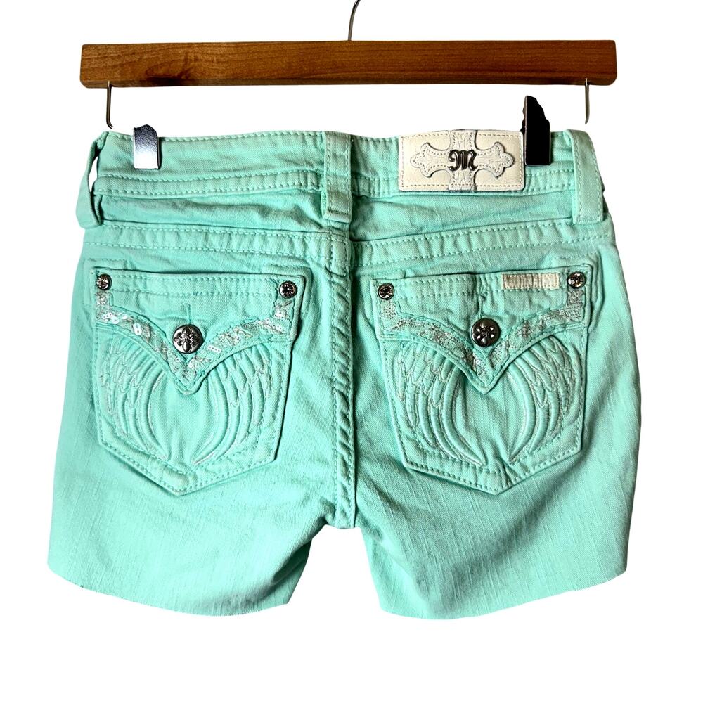 Miss Me Jean Shorts Women's Size 25 Angel Wings Bling Y2K Mint Green Cut Off